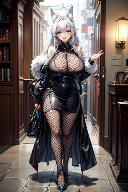 fishnet top,fishnets, 1girl, solo, long hair, breasts, looking at viewer, smile, open mouth, bangs, dress, holding, animal ears, full body, white hair, :d, fur trim,18k