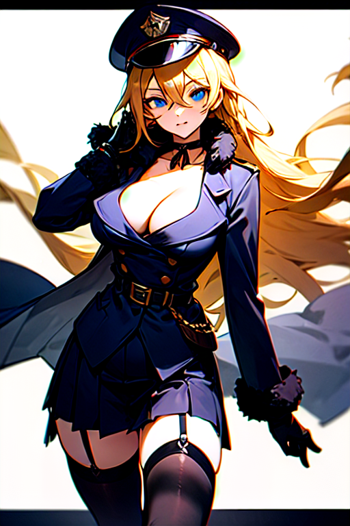 1girl, solo, long hair, breasts, looking at viewer, blue eyes, skirt, blonde hair, large breasts, thighhighs, gloves, hat, cleavage, hair between eyes, braid, choker, black gloves, belt, black thighhighs, uniform, fur trim, military, military uniform, garter straps, peaked cap, lace trim, lace, military hat, lace-trimmed legwear, viewfinder