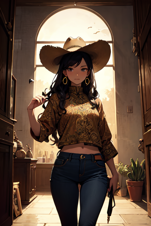 Masterpiece, 4K, ultra detailed, anime style, ((solo)), sexy long wavy hair girl wearing cowboy hat and skin tight jeans, beautiful hazel color eyes, dangling gold earrings, in rocky desert cactus with flowers, sunset, more detail XL, SFW, depth of field, (art nouveau style)