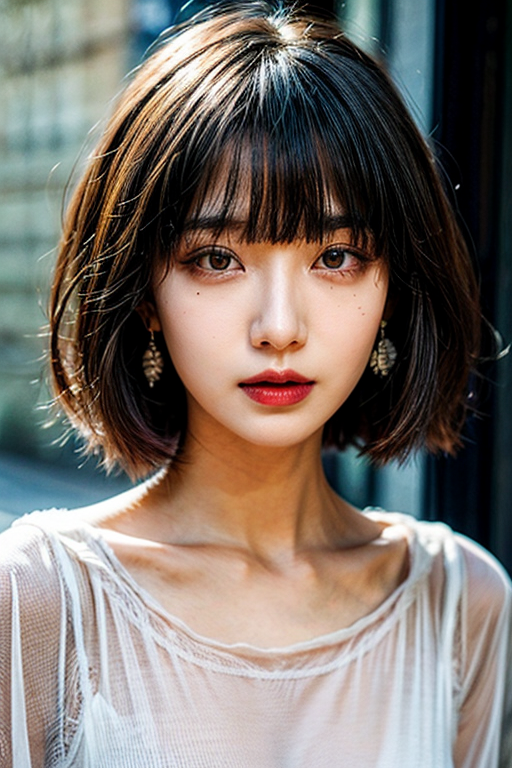 1girl, solo, looking at viewer, short hair, bangs, black hair, jewelry, closed mouth, upper body, earrings, blunt bangs, mole, english text, mole under eye, makeup, lipstick, portrait, eyeshadow, red lips
