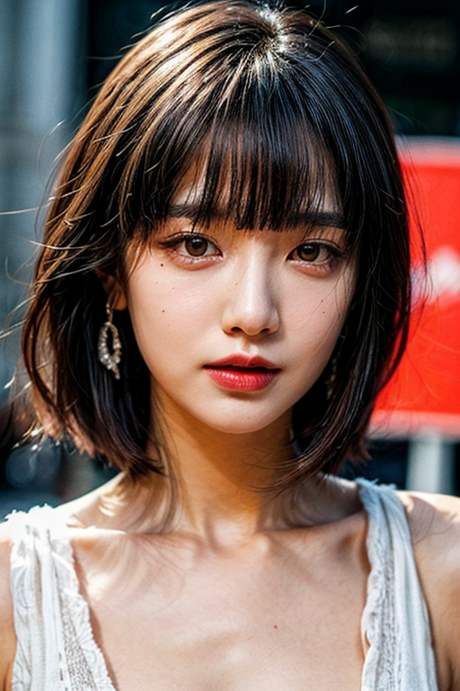 1girl, solo, looking at viewer, short hair, bangs, black hair, jewelry, closed mouth, upper body, earrings, blunt bangs, mole, english text, mole under eye, makeup, lipstick, portrait, eyeshadow, red lips
