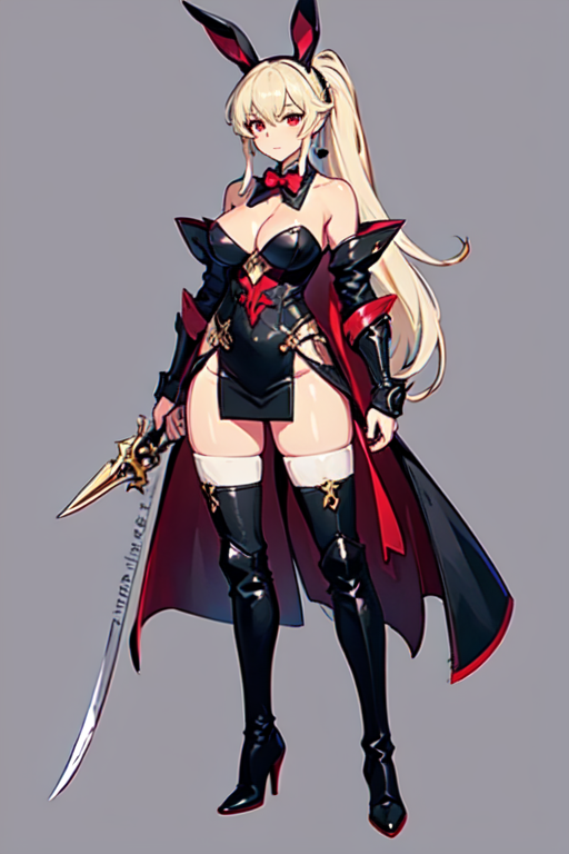 1girl, solo, long hair, breasts, looking at viewer, bangs, skirt, large breasts, red eyes, thighhighs, dress, holding, animal ears, cleavage, bare shoulders, closed mouth, tail, full body, ponytail, weapon, white hair, boots, dark skin, black footwear, holding weapon, rabbit ears, high heels, english text, dark-skinned female, knee boots, knife, rabbit tail, high heel boots, armored boots