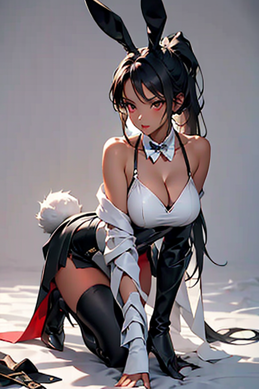 1girl, solo, long hair, breasts, looking at viewer, bangs, skirt, large breasts, red eyes, thighhighs, dress, holding, animal ears, cleavage, bare shoulders, closed mouth, tail, full body, ponytail, weapon, white hair, boots, dark skin, black footwear, holding weapon, rabbit ears, high heels, english text, dark-skinned female, knee boots, knife, rabbit tail, high heel boots, armored boots