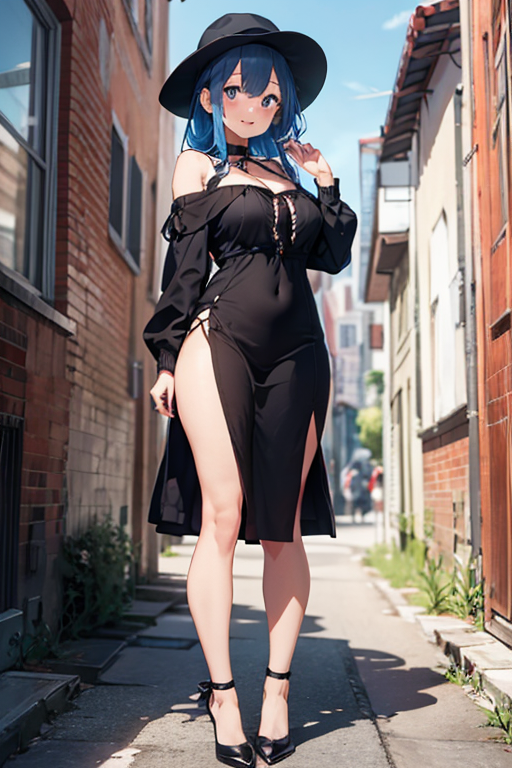 1girl, solo, long hair, breasts, looking at viewer, smile, open mouth, bangs, large breasts, hat, dress, holding, cleavage, bare shoulders, blue hair, standing, purple eyes, full body, purple hair, virtual youtuber, off shoulder, nail polish, black footwear, black dress, high heels, , hand on hip, covered navel, chain, side slit, off-shoulder dress