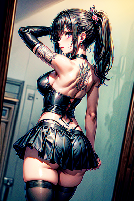 1girl, solo, skirt, black hair, thighhighs, jewelry, standing, flower, cowboy shot, pleated skirt, earrings, choker, black thighhighs, miniskirt, black skirt, from behind, arms up, bracelet, zettai ryouiki, tattoo, back, piercing, ear piercing, mirror, arm tattoo, tying hair, back tattoo, flower tattoo