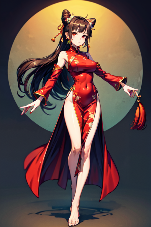 yamatowanpi, 1girl, solo, long hair, breasts, looking at viewer, bangs, black hair, hair ornament, gloves, dress, jewelry, medium breasts, closed mouth, standing, full body, barefoot, hair bun, official alternate costume, bare legs, double bun, chinese clothes, red dress, red gloves, 