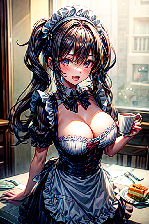 1girl, apron, cake, cleavage, cup, food, frontier town, hairband, heart, large breasts, lolita hairband, maid apron, open mouth, psychic hearts, purple eyes, smile, solo, teacup,CrclWc,<lora:more_details:-1>, <lora:more_details:1.5>