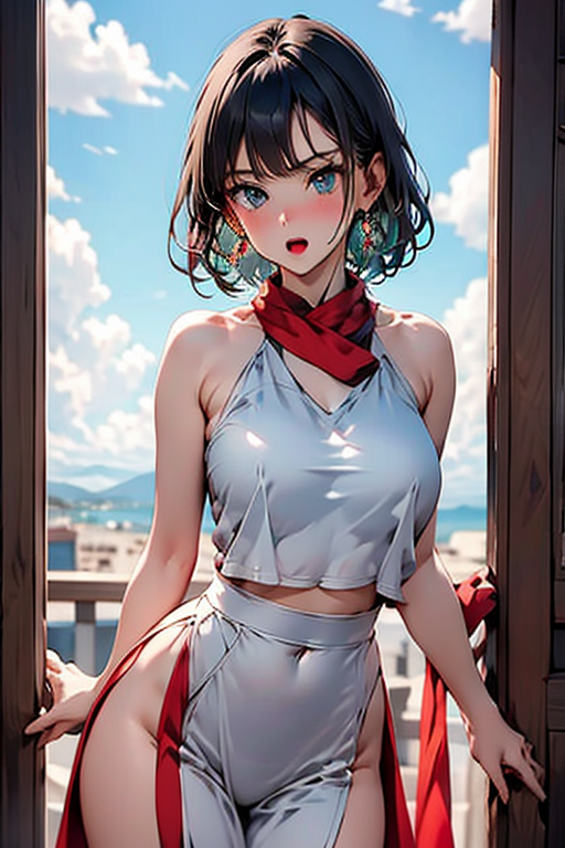 1girl, solo, breasts, looking at viewer, blush, short hair, open mouth, bangs, blue eyes, large breasts, dress, jewelry, blue hair, standing, earrings, outdoors, sky, sleeveless, day, cloud, scarf, blue sky, aqua hair, leaning forward, sleeveless dress, arms behind back, short dress, red dress, yellow scarf, bulma