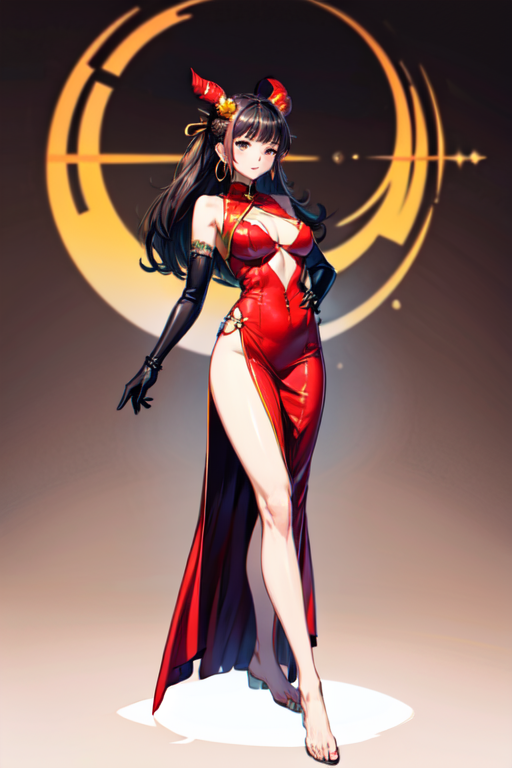 yamatowanpi, 1girl, solo, long hair, breasts, looking at viewer, bangs, black hair, hair ornament, gloves, dress, jewelry, medium breasts, closed mouth, standing, full body, barefoot, hair bun, official alternate costume, bare legs, double bun, chinese clothes, red dress, red gloves, 