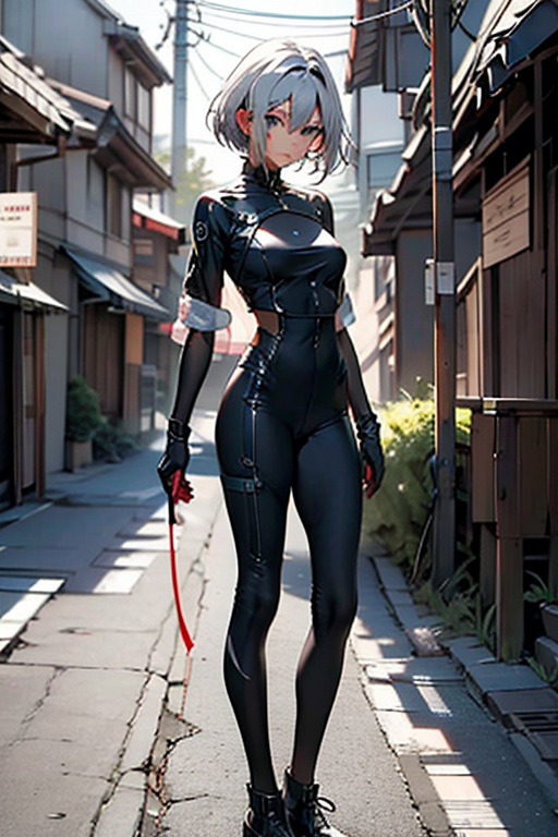 1girl, solo, breasts, looking at viewer, short hair, bangs, blue eyes, hair between eyes, medium breasts, closed mouth, standing, full body, white hair, outdoors, day, bodysuit, shadow, building, science fiction, arms at sides, android, road, joints, power lines, robot joints, utility pole