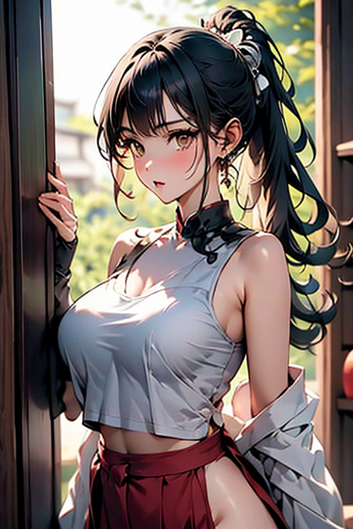  1girl, solo, long hair, breasts, looking at viewer, blush, large breasts, hair ornament, bare shoulders, jewelry, sitting, closed mouth, jacket, ponytail, ahoge, white hair, sidelocks, multicolored hair, earrings, japanese clothes, green hair, horns, sleeveless, pants, kimono, orange eyes, sideboob, gradient hair, hakama, oni, hair stick, curled horns, sleeveless kimono, hakama pants, multicolored horns,