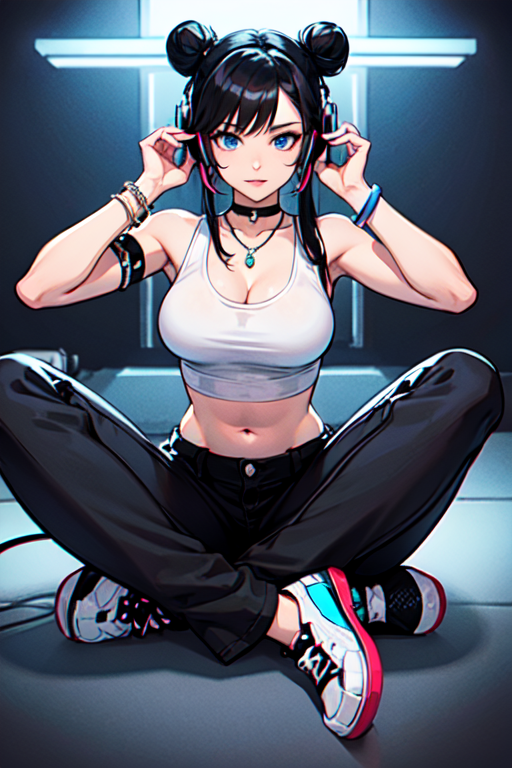 1girl, solo, long hair, breasts, looking at viewer, blue eyes, black hair, navel, jewelry, sitting, closed mouth, full body, shoes, choker, midriff, pants, necklace, hair bun, bracelet, lips, crop top, double bun, headphones, black pants, tank top, cable, indian style, neon lights
