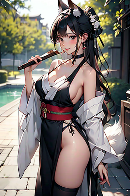 1girl, solo, long hair, breasts, looking at viewer, blush, smile, bangs, large breasts, black hair, long sleeves, holding, animal ears, cleavage, bare shoulders, jewelry, standing, collarbone, tail, full body, thighs, earrings, japanese clothes, choker, socks, wide sleeves, kimono, off shoulder, animal ear fluff, fox ears, bell, no panties, fox tail, fox girl, multiple tails, hand fan, folding fan, tabi, holding fan, black kimono
