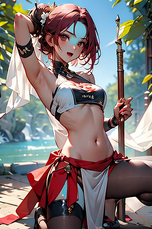 1girl, solo, breasts, looking at viewer, short hair, open mouth, navel, holding, brown eyes, medium breasts, full body, weapon, pink hair, fang, dark skin, dark-skinned female, tattoo, underboob, pelvic curtain, animal hands, loincloth, paw shoes, tribal