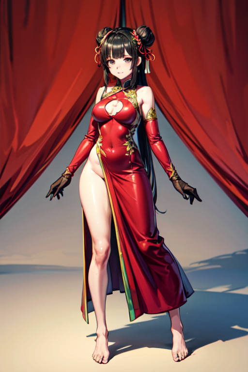 spreadassms , 1girl, solo, long hair, breasts, looking at viewer, bangs, black hair, hair ornament, gloves, dress, jewelry, medium breasts, closed mouth, standing, full body, barefoot, hair bun, official alternate costume, bare legs, double bun, chinese clothes, red dress, red gloves, 