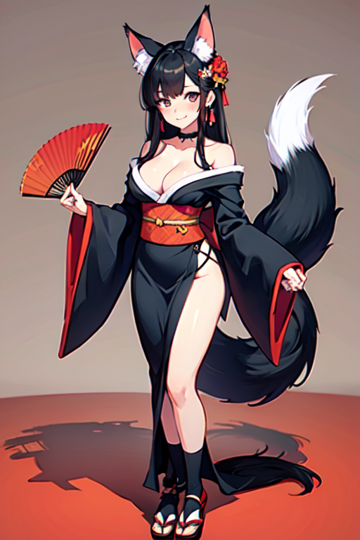 1girl, solo, long hair, breasts, looking at viewer, blush, smile, bangs, large breasts, black hair, long sleeves, holding, animal ears, cleavage, bare shoulders, jewelry, standing, collarbone, tail, full body, thighs, earrings, japanese clothes, choker, socks, wide sleeves, kimono, off shoulder, animal ear fluff, fox ears, bell, no panties, fox tail, fox girl, multiple tails, hand fan, folding fan, tabi, holding fan, black kimono