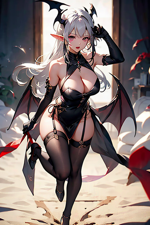1girl, solo, long hair, breasts, looking at viewer, open mouth, large breasts, gloves, dress, cleavage, purple eyes, tail, full body, white hair, wings, pointy ears, black gloves, elbow gloves, high heels, english text, thigh strap, demon girl, bat wings, head wings, demon tail, demon wings