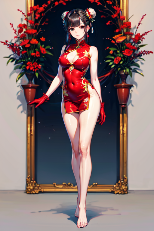 mature female,milf,motherly, 1girl, solo, long hair, breasts, looking at viewer, bangs, black hair, hair ornament, gloves, dress, jewelry, medium breasts, closed mouth, standing, full body, barefoot, hair bun, official alternate costume, bare legs, double bun, chinese clothes, red dress, red gloves, 