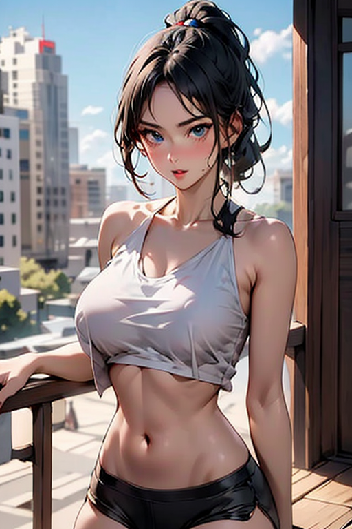 1girl, solo, breasts, looking at viewer, blush, blue eyes, large breasts, shirt, black hair, navel, bare shoulders, jewelry, sitting, collarbone, ponytail, thighs, outdoors, parted lips, sky, shorts, sleeveless, day, midriff, belt, cloud, water, stomach, blue sky, lips, crop top, underboob, abs, bike shorts, building, red shirt, red nails, forehead, red shorts