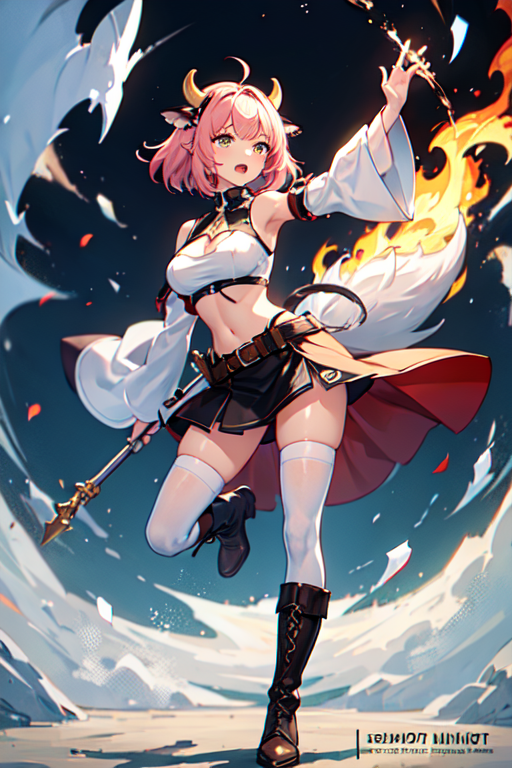 1girl, solo, breasts, looking at viewer, short hair, open mouth, bangs, large breasts, shirt, thighhighs, long sleeves, navel, holding, animal ears, cleavage, standing, tail, full body, yellow eyes, white shirt, weapon, pink hair, boots, detached sleeves, horns, shorts, pointy ears, midriff, belt, miniskirt, medium hair, stomach, holding weapon, character name, arm up, white thighhighs, crop top, copyright name, brown footwear, leg up, standing on one leg, knee boots, fire, cow ears, brown belt, cow horns, cow girl, cow tail