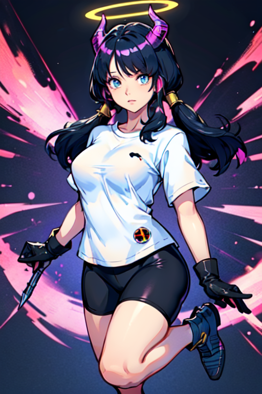 videl2, solo, blue eyes, black hair, twintails, black gloves, bike_shorts, bangs, white shirt, badge, medium breasts, 1girl, solo, long hair, breasts, looking at viewer, blue eyes, blue hair, full body, pink hair, white hair, multicolored hair, wings, horns, halo, android, joints, robot joints, mechanical wings, mechanical parts