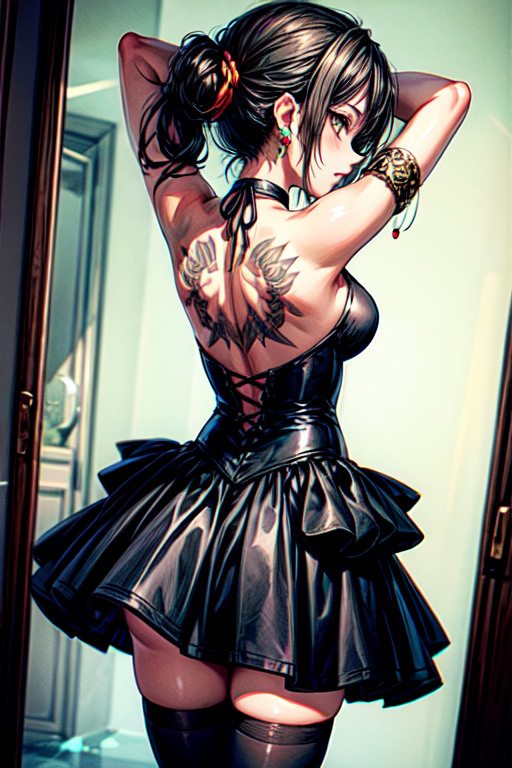 1girl, solo, skirt, black hair, thighhighs, jewelry, standing, flower, cowboy shot, pleated skirt, earrings, choker, black thighhighs, miniskirt, black skirt, from behind, arms up, bracelet, zettai ryouiki, tattoo, back, piercing, ear piercing, mirror, arm tattoo, tying hair, back tattoo, flower tattoo