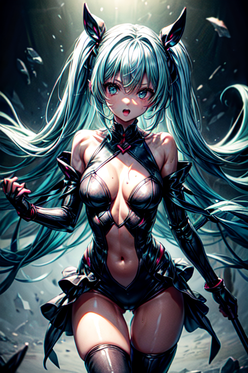 score_9,score_8_up,score_7_up, 1girl, android, aqua hair, bare shoulders, black eyes, colored skin, open mouth, robot, screw, solo, standing, sweat, thigh gap, twintails ,ClrSkt