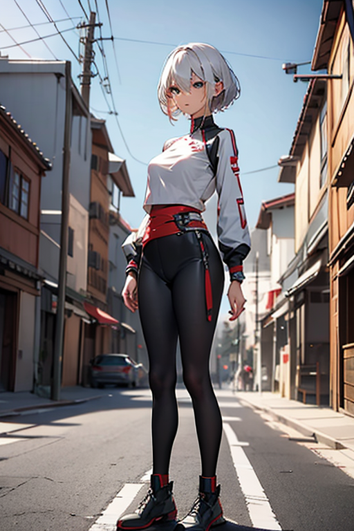 1girl, solo, breasts, looking at viewer, short hair, bangs, blue eyes, hair between eyes, medium breasts, closed mouth, standing, full body, white hair, outdoors, day, bodysuit, shadow, building, science fiction, arms at sides, android, road, joints, power lines, robot joints, utility pole