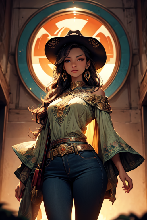 Masterpiece, 4K, ultra detailed, anime style, ((solo)), sexy long wavy hair girl wearing cowboy hat and skin tight jeans, beautiful hazel color eyes, dangling gold earrings, in rocky desert cactus with flowers, sunset, more detail XL, SFW, depth of field, (art nouveau style)