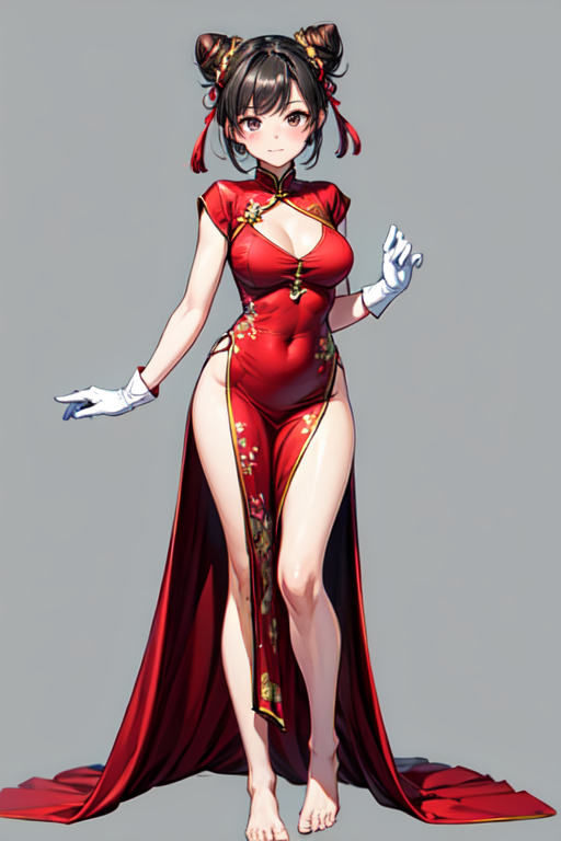 mature female,milf,motherly, 1girl, solo, long hair, breasts, looking at viewer, bangs, black hair, hair ornament, gloves, dress, jewelry, medium breasts, closed mouth, standing, full body, barefoot, hair bun, official alternate costume, bare legs, double bun, chinese clothes, red dress, red gloves, 