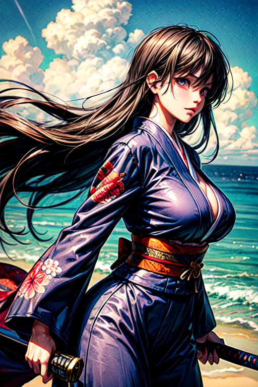 1girl, 23 year old Taiwanese beauty, solo, cool, long hair, black hair, long sleeves, natural huge breasts, holding, weapon, outdoors, japanese sheer clothes, sky, day, sword, cloud, wide sleeves, kimono, water, holding weapon, sash, profile, floating hair, watermark, holding sword, obi, floral print, katana, wind, mountain, fighting stance, realistic, waves, looking at the viewer,realhands