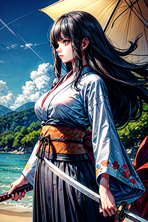 1girl, 23 year old Taiwanese beauty, solo, cool, long hair, black hair, long sleeves, natural huge breasts, holding, weapon, outdoors, japanese sheer clothes, sky, day, sword, cloud, wide sleeves, kimono, water, holding weapon, sash, profile, floating hair, watermark, holding sword, obi, floral print, katana, wind, mountain, fighting stance, realistic, waves, looking at the viewer,realhands