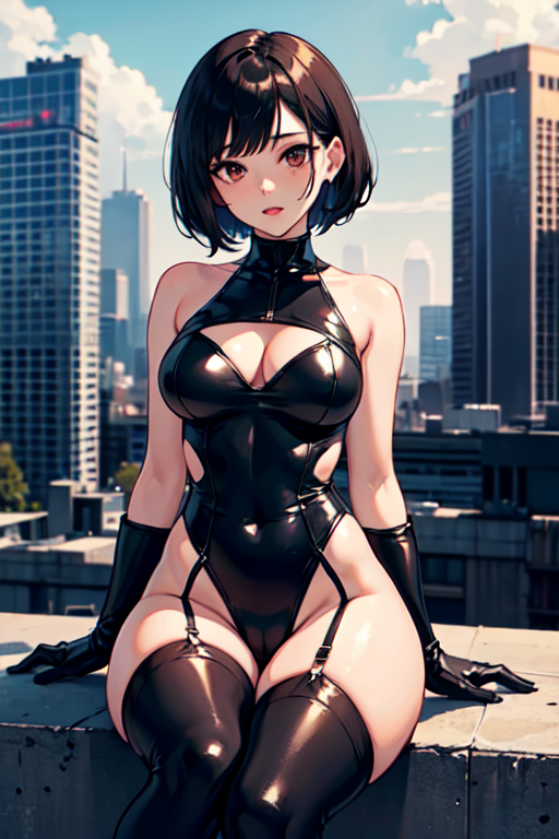 1girl, solo, breasts, looking at viewer, short hair, large breasts, black hair, thighhighs, gloves, brown eyes, medium breasts, sitting, thighs, boots, outdoors, parted lips, sky, day, black gloves, shiny, black thighhighs, cloud, armor, mole, leotard, lips, clothing cutout, skindentation, makeup, cameltoe, turtleneck, highleg, ass visible through thighs, garter straps, thigh gap, cloudy sky, building, black leotard, skin tight, highleg leotard, science fiction, shiny clothes, city, arms at sides, cyborg, skyscraper, cyberpunk