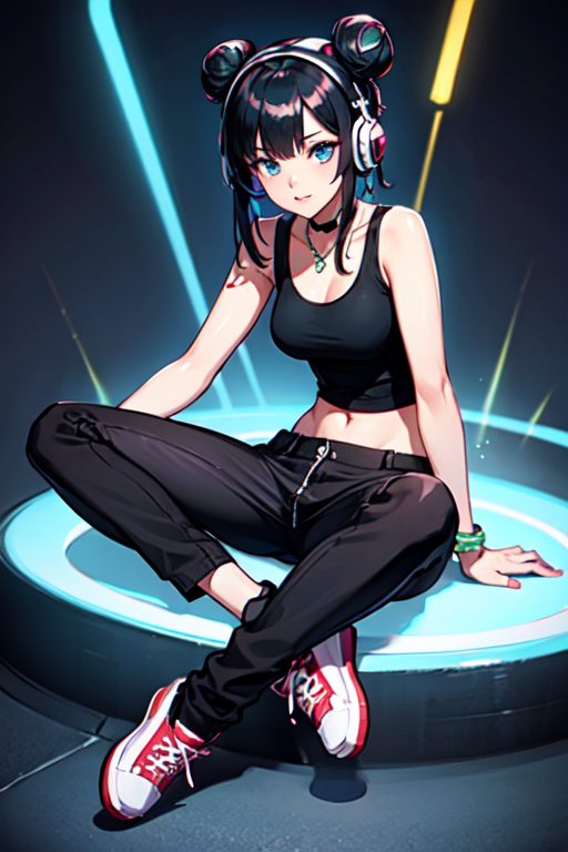 1girl, solo, long hair, breasts, looking at viewer, blue eyes, black hair, navel, jewelry, sitting, closed mouth, full body, shoes, choker, midriff, pants, necklace, hair bun, bracelet, lips, crop top, double bun, headphones, black pants, tank top, cable, indian style, neon lights