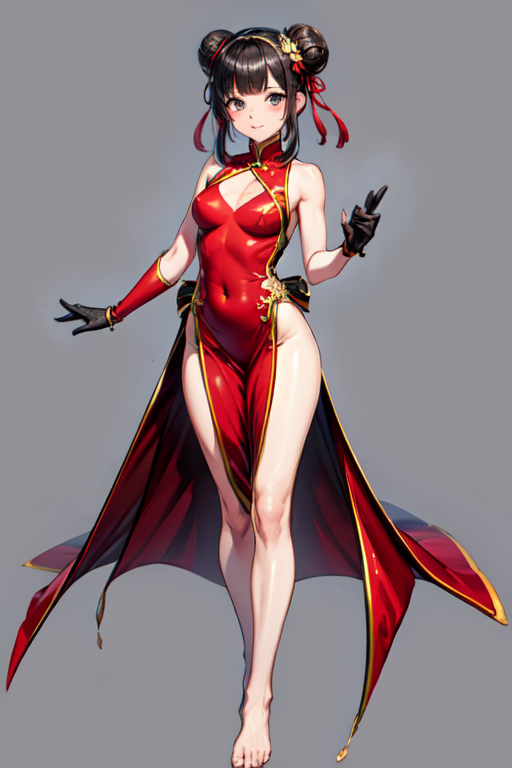 spreadassms , 1girl, solo, long hair, breasts, looking at viewer, bangs, black hair, hair ornament, gloves, dress, jewelry, medium breasts, closed mouth, standing, full body, barefoot, hair bun, official alternate costume, bare legs, double bun, chinese clothes, red dress, red gloves, 