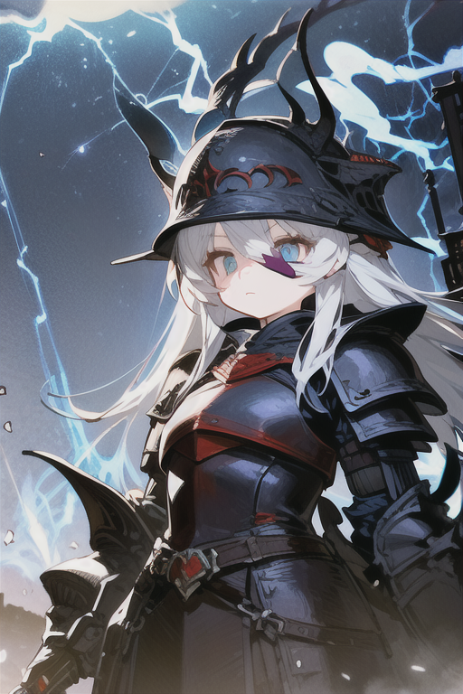 Lolita anime girl
Heavy armor attire
Armor with prominently featured helmet
Armor surrounded by lightning
Armor helmet seamlessly integrated with hairstyle
Demon motifs on armor
Seamless integration of armor with original girl image
Armor with helmet