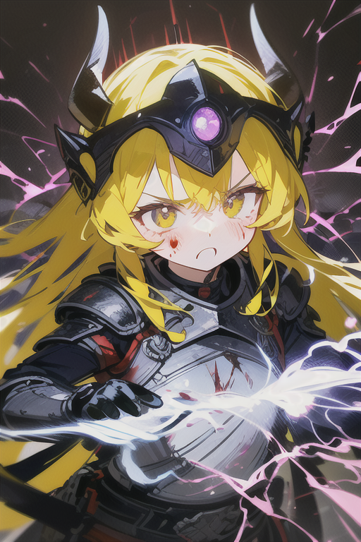 Cute loli girl, Golden yellow hair, Wronged and painful expression, Battle injury, Persistence, Broken armor, Bloodstained, Demon motif, Contrast between face and armor, Powerfully impactful electric current effect, Powerful presence, Broken demon helmet, Helmet with horns, Intense battle scene, Double fist-clenched, Gripping electric current effect, Similar to Raikiri