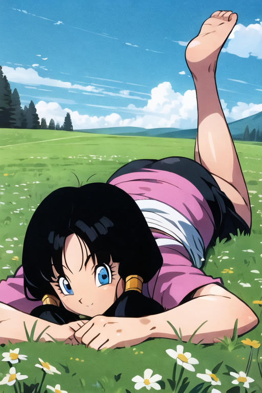 videl2, alone, blue eyes, black hair, two pigtails, bangs, medium breasts, black vikini, (((lying in the meadow)))ce