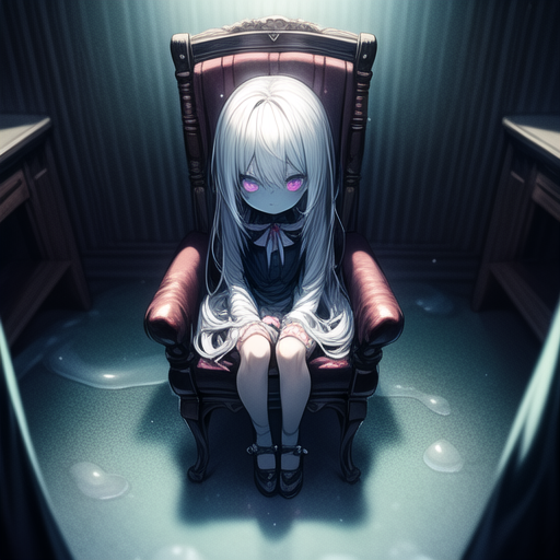 small creepy child girl, horror, dark, night, horror house, sit on chair, long white hair, creepy slime