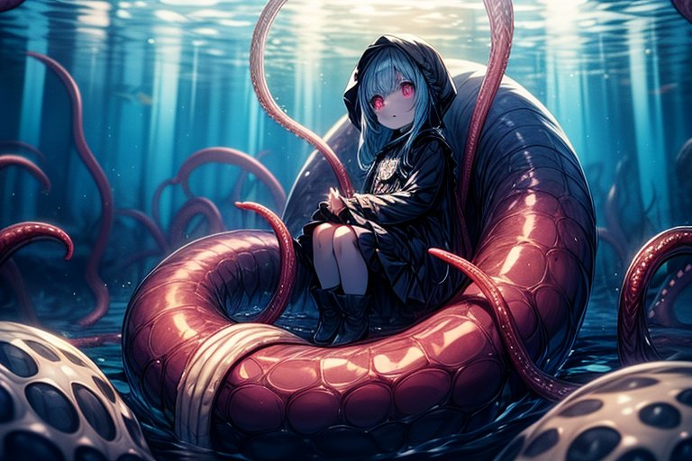 LOVECRAFT MONSTER, cute little girl, child, full body, deep ocean, many tentacles, horror, dark, she is very scary, float on watter