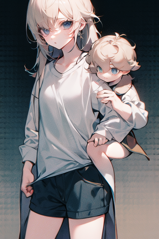 Boy, white hair, hands in pockets, gray shorts, white shirt, protecting a child.