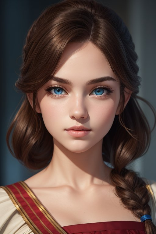 1girl, pony tail, brown curly hair, blue eyes, full body,Greek toga outfit, highest quality,4k,8k,16,((masterpiece))), (((high quality)),(((perfect face))),
(((beautiful face))), 