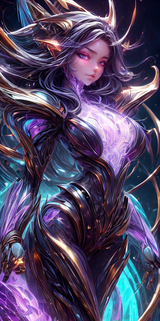 plasmatech, hentai, (Perfect Composition), Fantasy Style, 1 woman, mature, solo, dragon, (glamour shot, long jagged teeth), luminous serpent eyes, luminous (intricate black-gold scale skin), Abyssal spiked scales, long white purple tipped hair), 