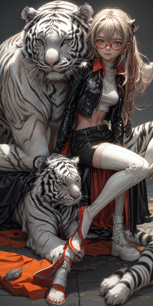 (perfect composition), 1woman, solo, (white tiger theme:1.5), (Arm up, knee up, pose) (low-angle close shot), (High background bloom, glow), (Soft pink edge-light:0.7),  (long spiky white hair), white tiger ears, white tiger tail, tail black cropped open leather jacket, black small shorts, ( white tiger fur stockings:0.7) (tiny gleaming orange sunglasses:1.2) (white Tiger stripes), perfect hands
