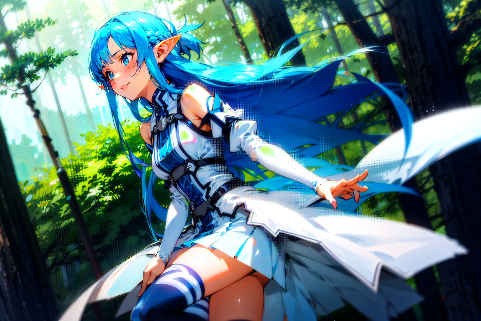 bbasuna, long hair, blue hair, blue eyes, pointy ears, white dress, detached sleeves, blue thighhighs.
forest background.