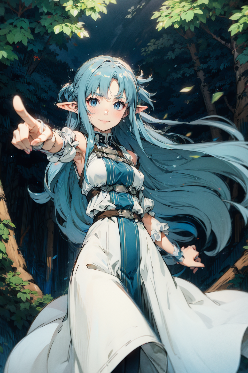bbasuna, long hair, blue hair, blue eyes, pointy ears, white dress, detached sleeves, blue thighhighs.
Pointing at camera, forest background.