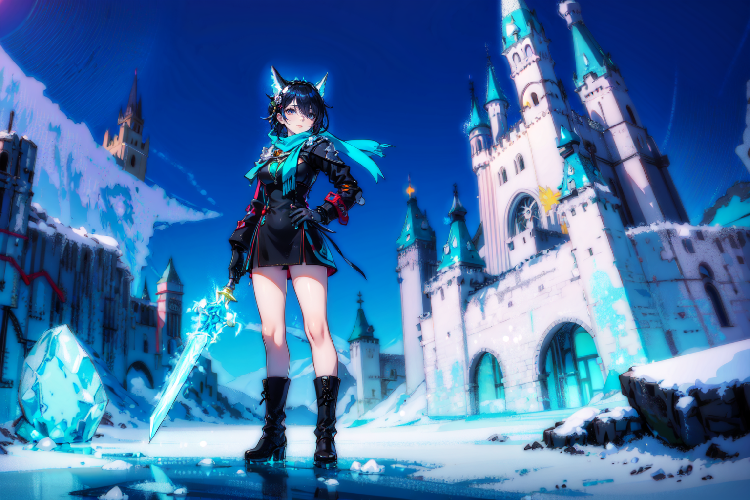 mechanical parts, head gear
(A woman standing before a castle made of ice. The environment is cold and full of ice. The sky is dark.:1.2)

(She is holding a teal, frozen dagger.:1.2)
The woman has long black hair. Front hair covering her right eye.
She has blue scarf. She has blue boots that covers up to her knees. She has black gloves.
Her thighs are exposed.