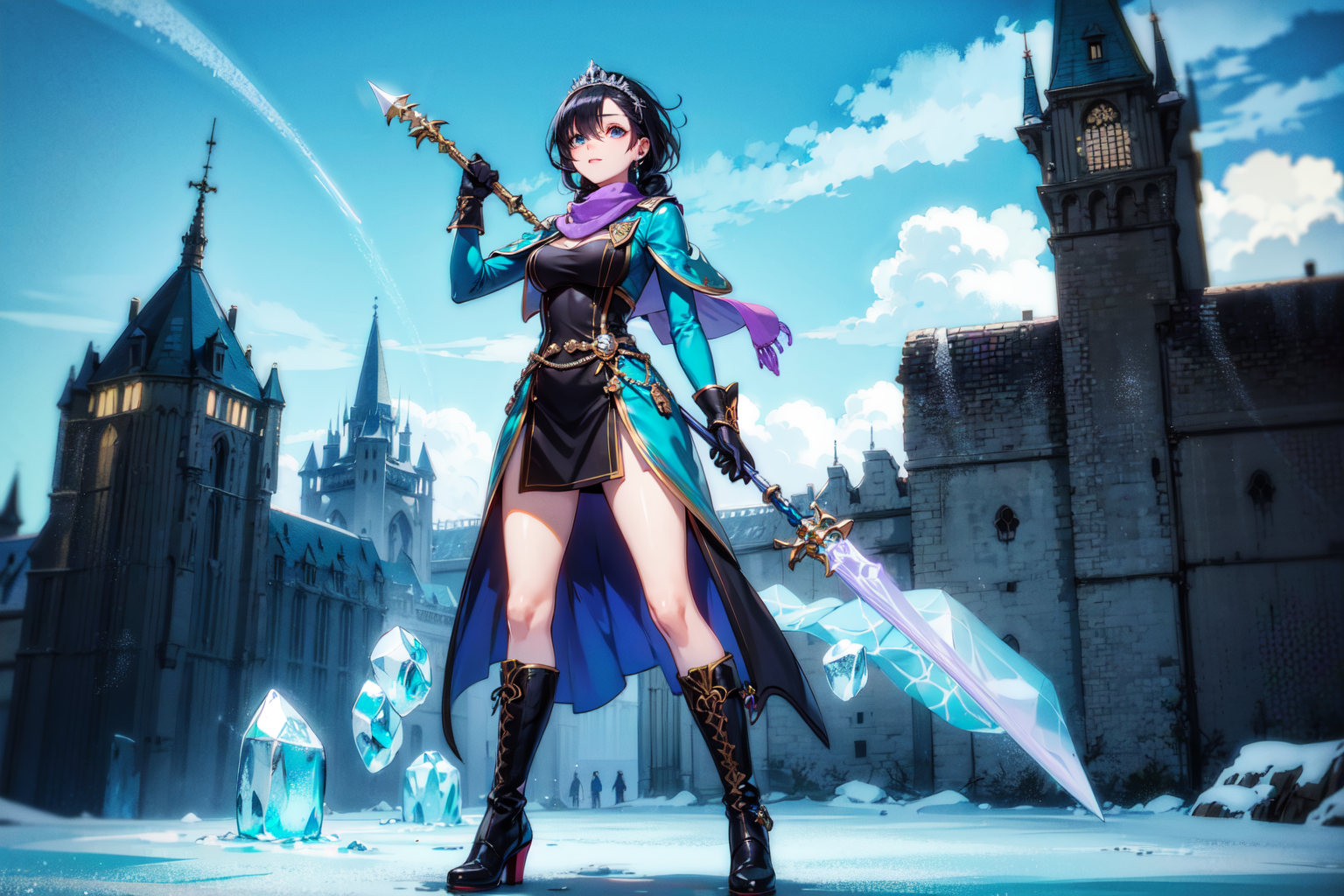 (A woman standing before a castle made of ice. The environment is cold and full of ice. The sky is dark.:1.2)

(She is holding a teal, frozen dagger.:1.2)
The woman has long black hair. Front hair covering her right eye. She has a frozen crown on her head.
She has blue scarf. She has blue boots that covers up to her knees. She has black gloves.
Her thighs are exposed.