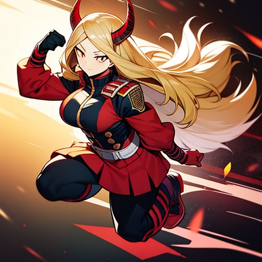 blonde, warrior girl, bnha, mha, boku no hero academia, red horns, red eyes, fighter, full body, hero uniform, black and yellow outfit